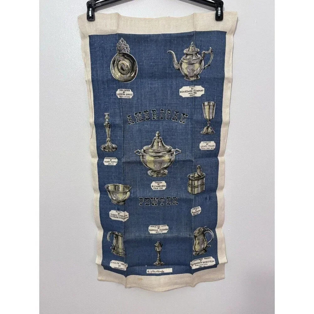 Vintage American Pewter Pieces Linen Tea Towel Blue Grey Cream 31x16
